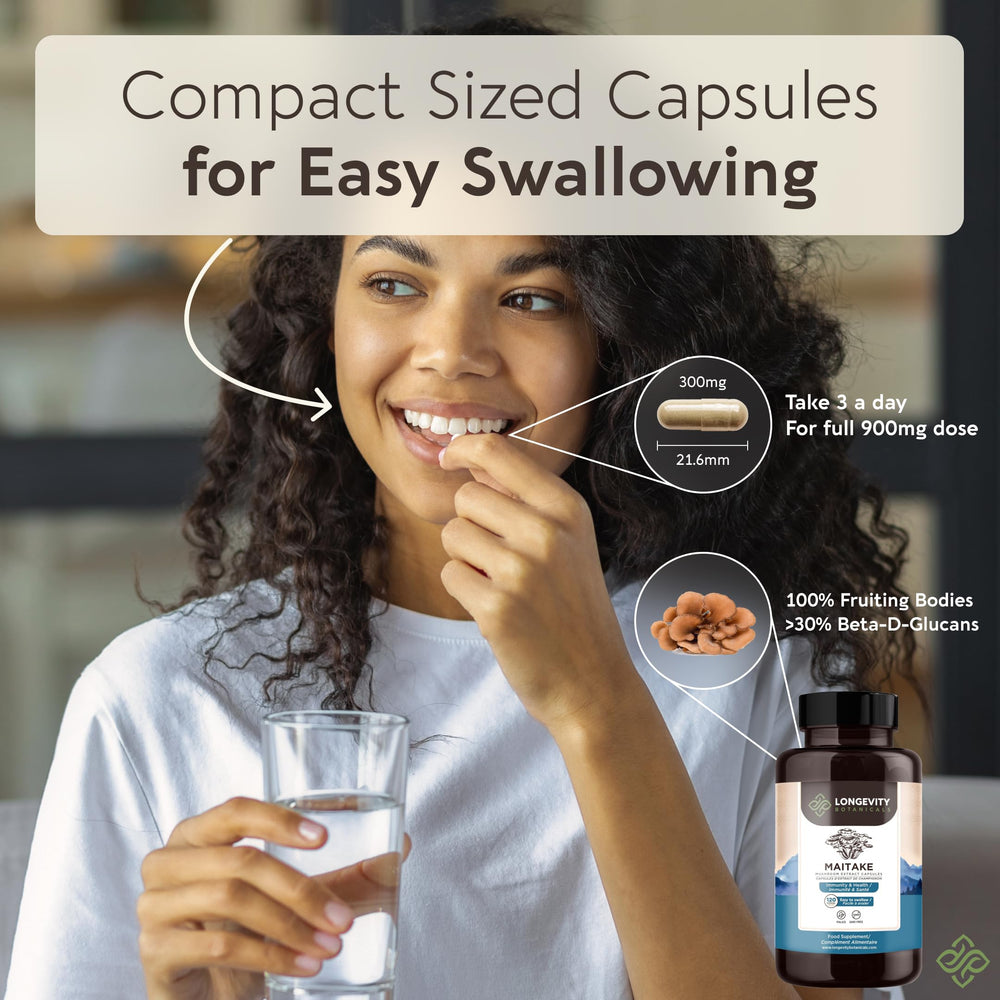 Longevity Botanicals Maitake capsules are vegan-friendly and gluten-free