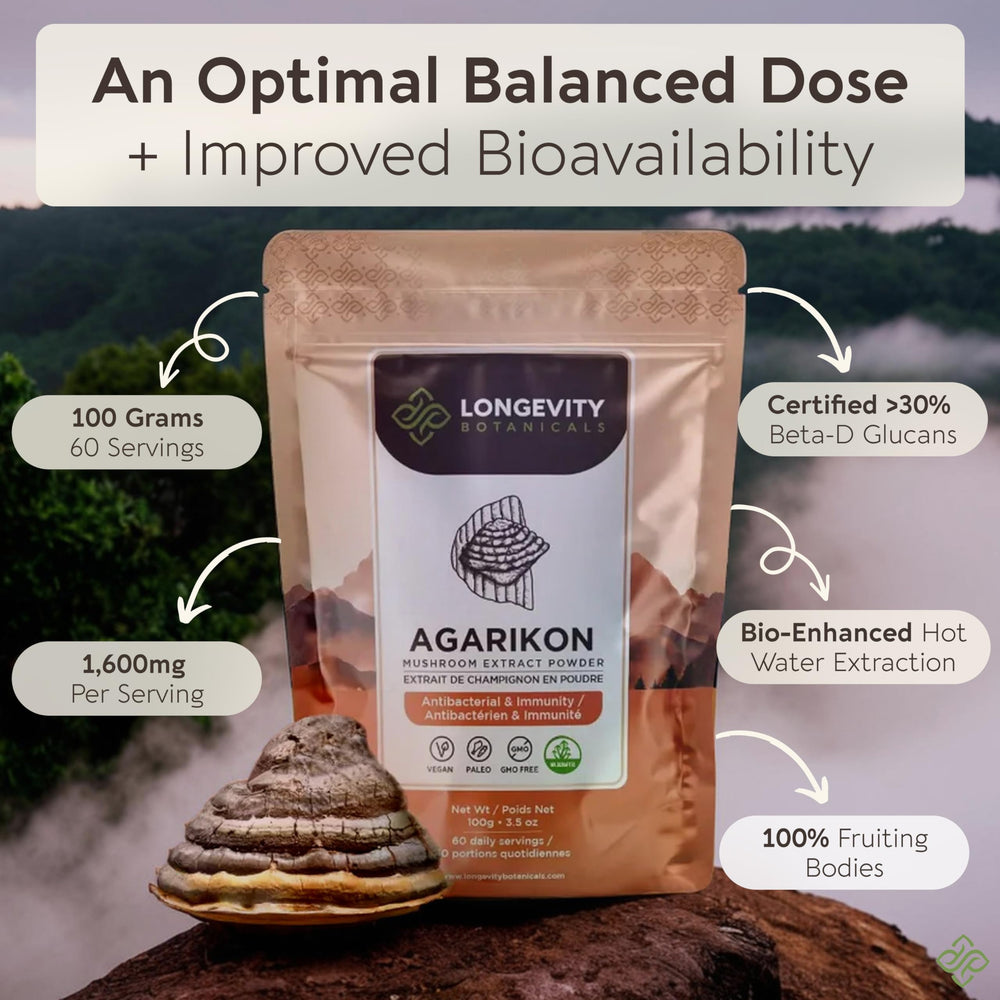Longevity Botanicals scoop and jar illustrating convenient daily dosing.