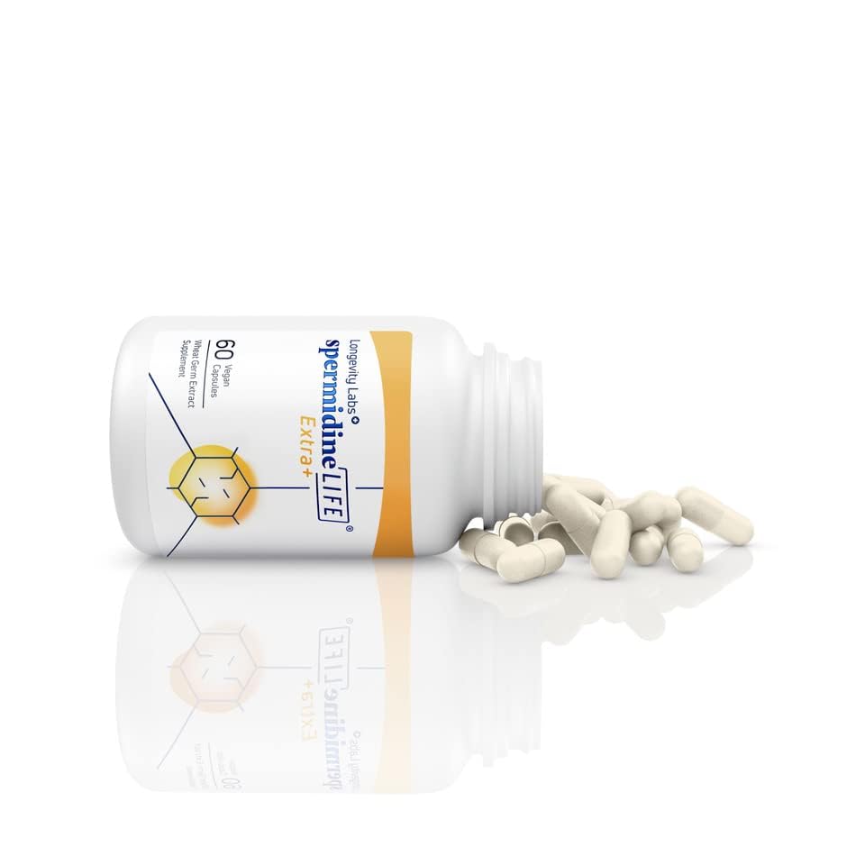 LONGEVITY LABS+ bottle pour demonstrating convenient daily dosing for vitality.