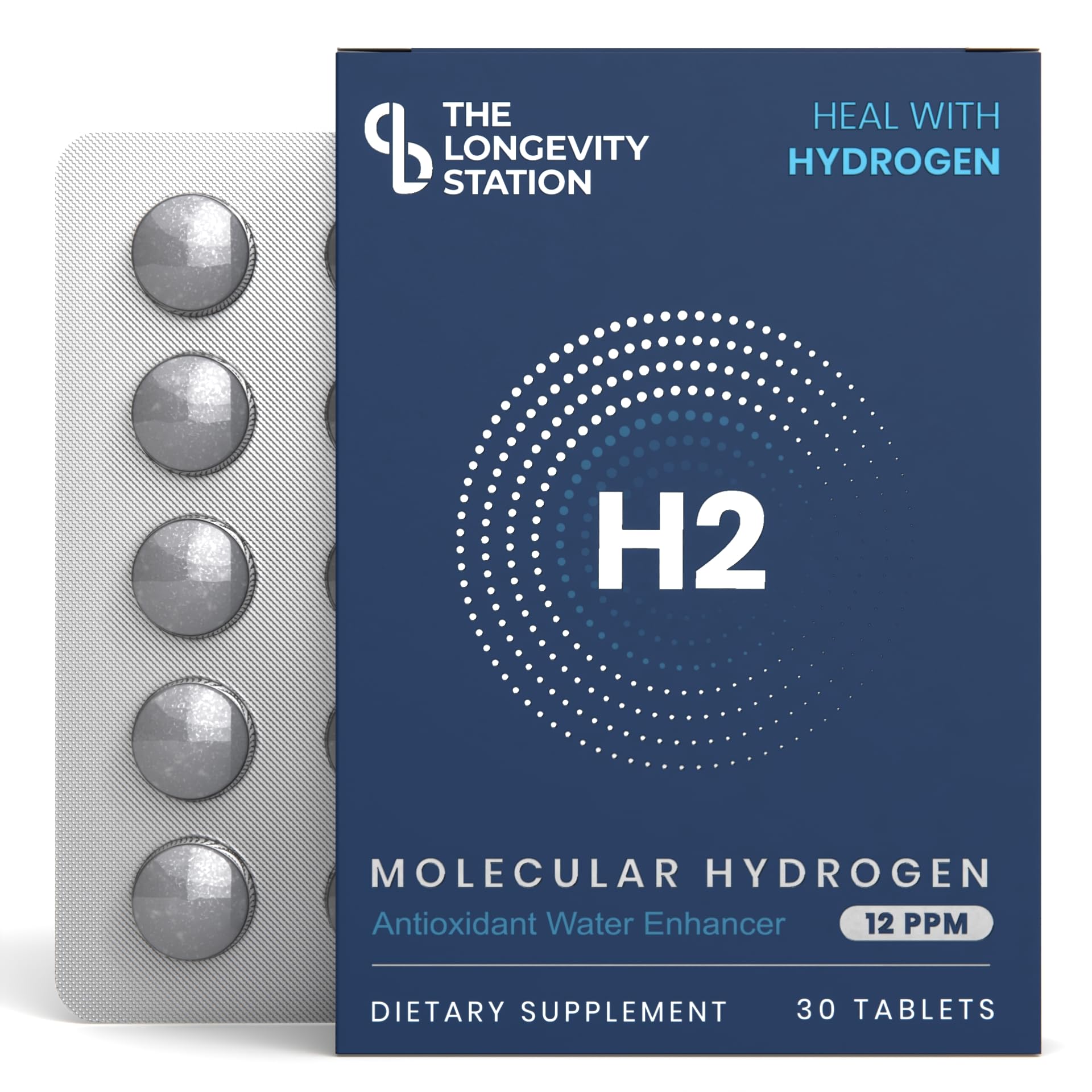 The Longevity Station hydrogen tablet dissolves quickly in water for instant hydrogen-rich hydration.