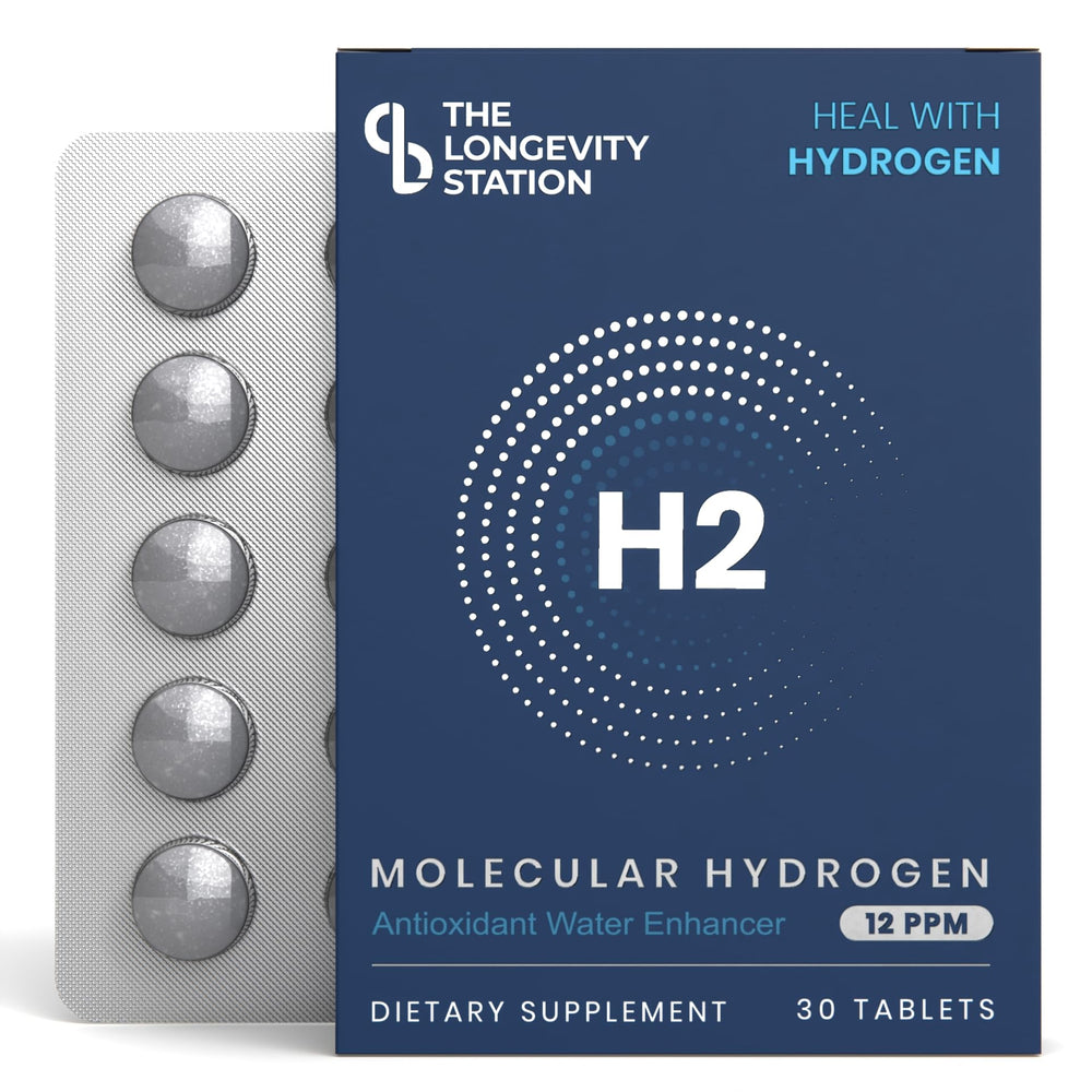 The Longevity Station hydrogen tablet dissolves quickly in water for instant hydrogen-rich hydration.
