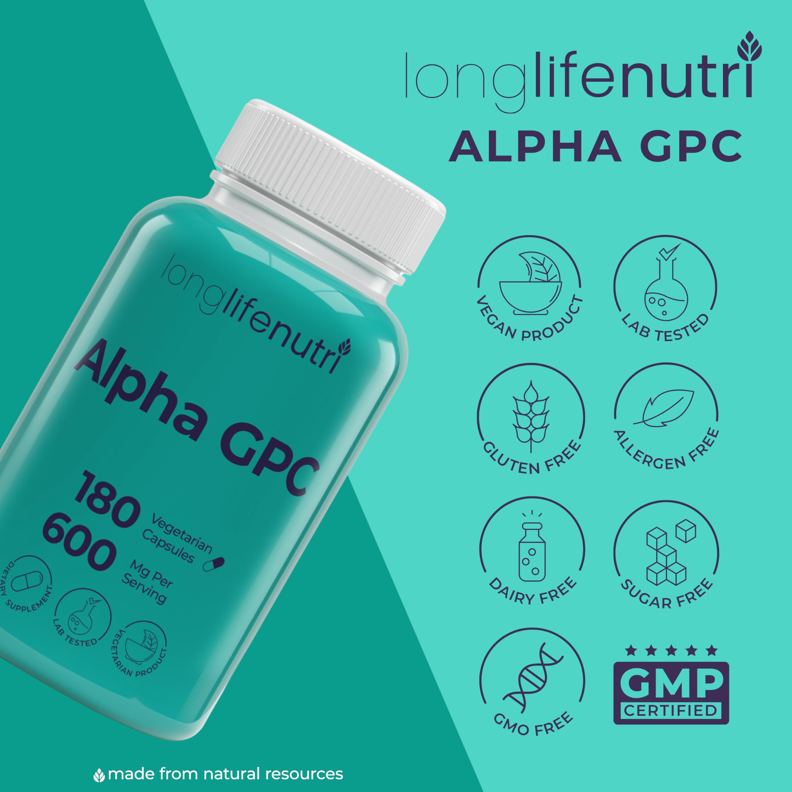 LongLifeNutri Alpha GPC 180 capsules arranged on a plate for long-term supply