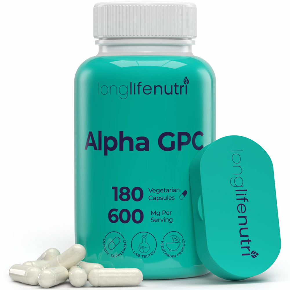 LongLifeNutri Alpha GPC 600mg bottle front for daily energy support