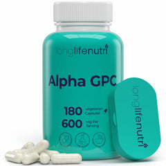 LongLifeNutri Alpha GPC 600mg bottle front for daily energy support