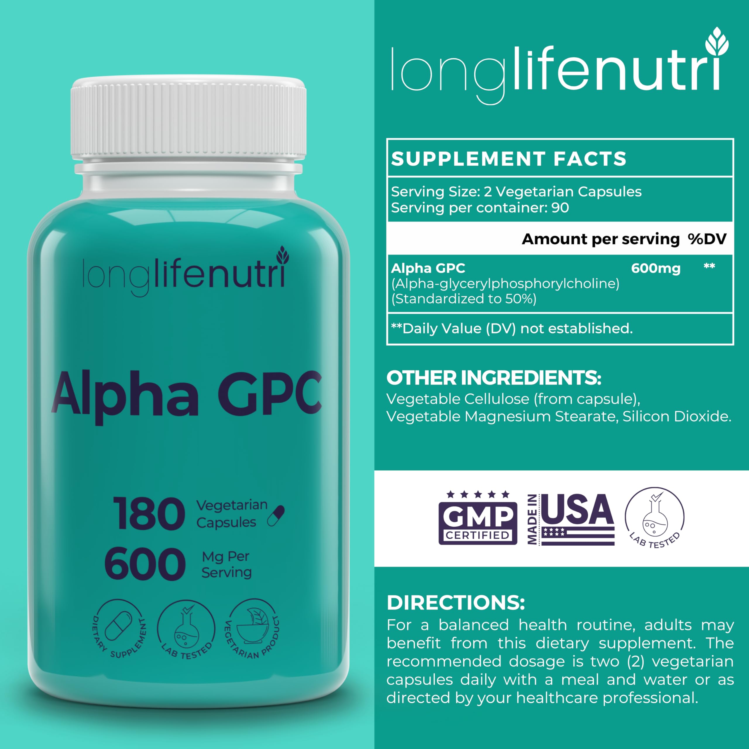 LongLifeNutri Alpha GPC 600mg capsules close-up showing pure choline source