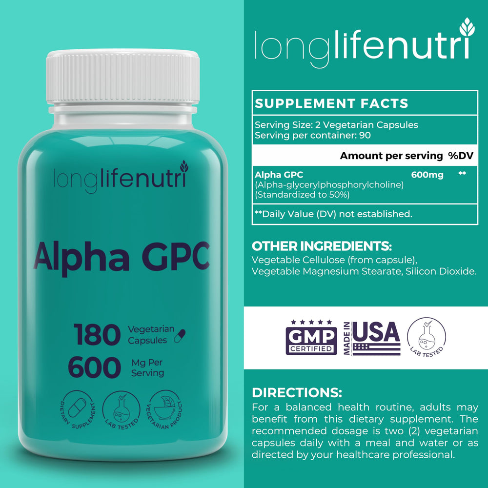 LongLifeNutri Alpha GPC 600mg capsules close-up showing pure choline source