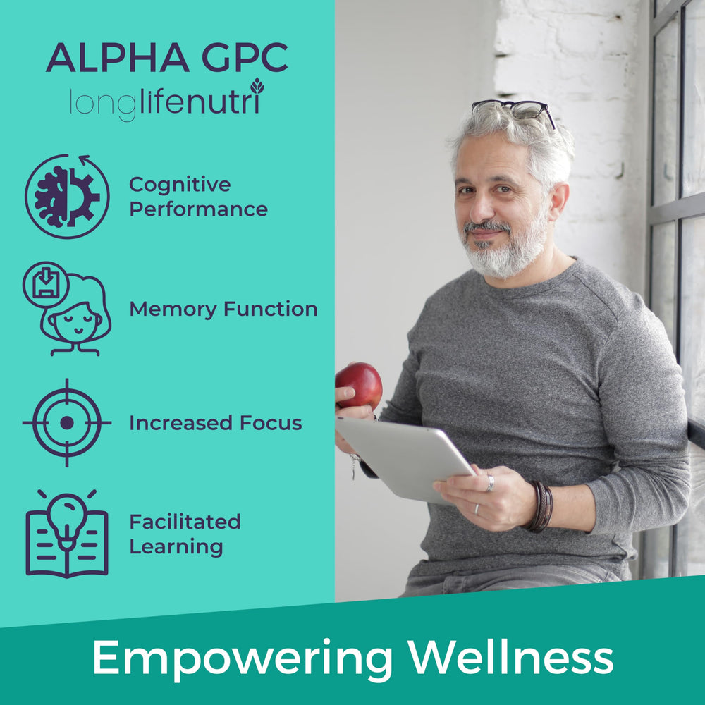 LongLifeNutri Alpha GPC label detail with ingredients and USA-made note