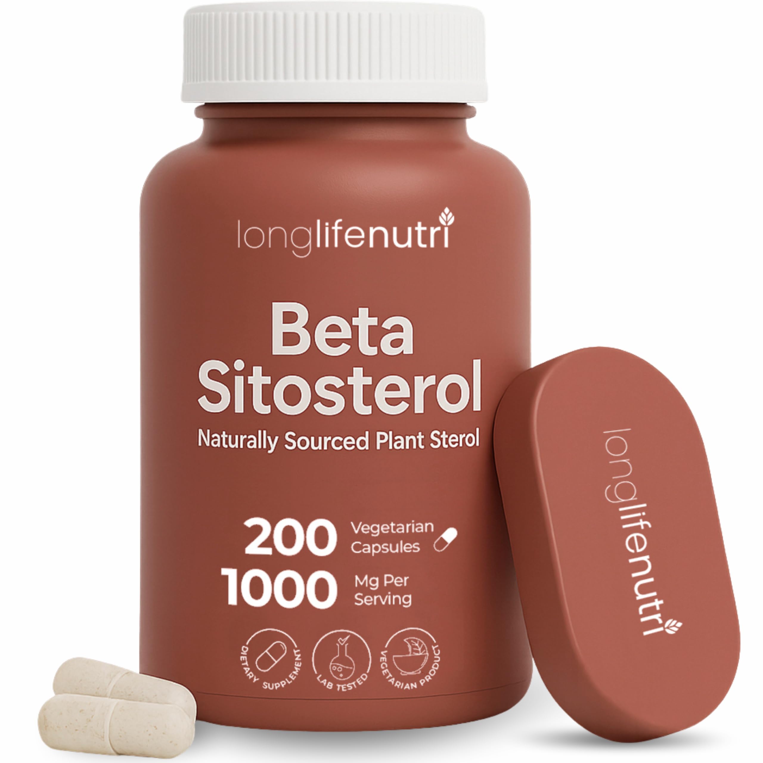 LongLifeNutri Beta Sitosterol bottle and capsules for daily plant-based support.