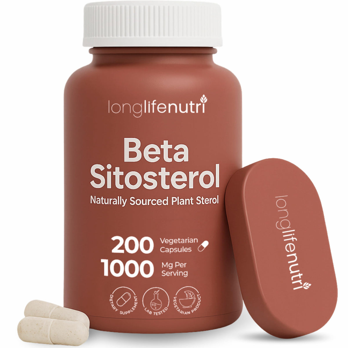 LongLifeNutri Beta Sitosterol bottle and capsules for daily plant-based support.