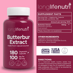 Close-up of LongLifeNutri butterbur capsules highlighting vegetarian formula.