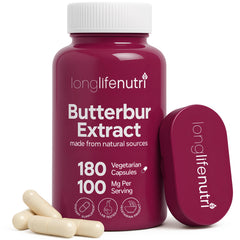 LongLifeNutri butterbur extract bottle shown for daily calm routines.