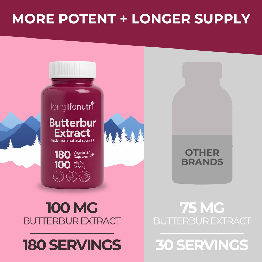 Label detail on LongLifeNutri butterbur bottle showing organic quality.