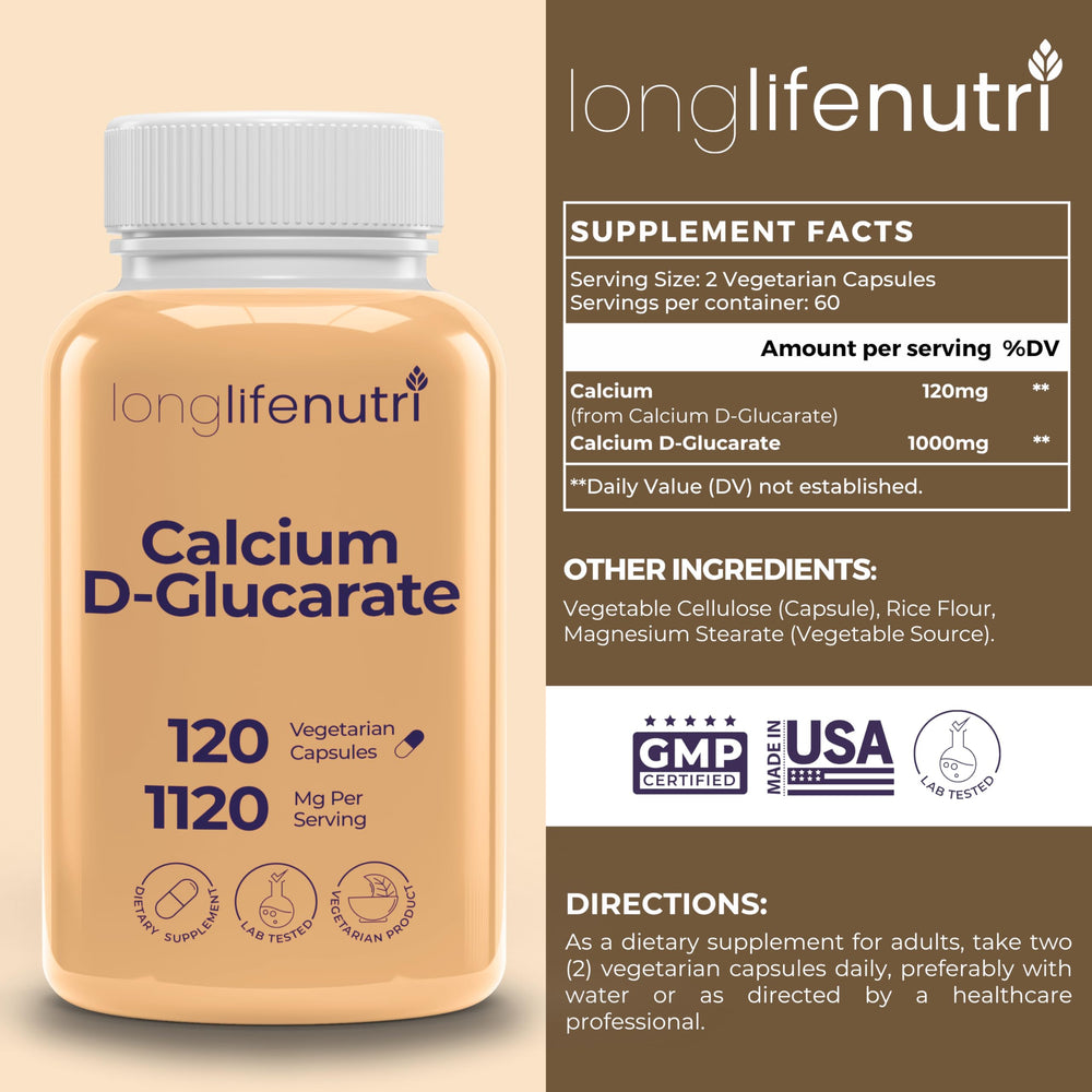 LongLifeNutri Calcium D-Glucarate capsules close-up for convenient vegan supplement routine.