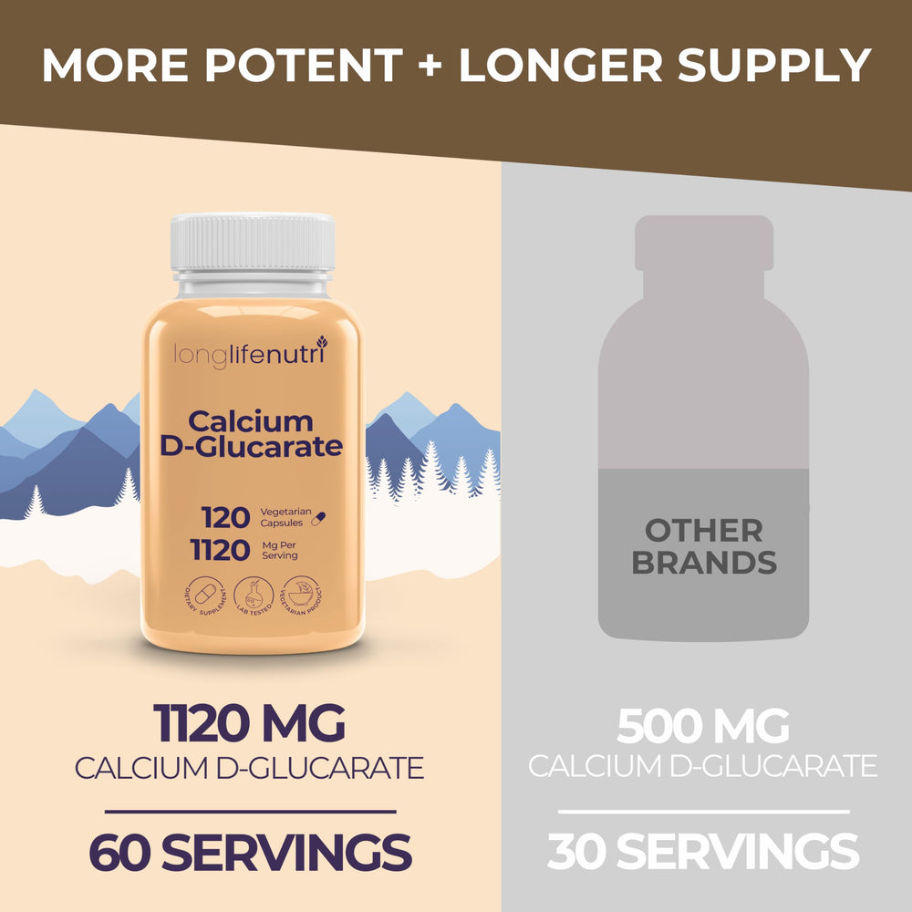 LongLifeNutri Calcium D-Glucarate label details non-GMO and gluten-free promise.