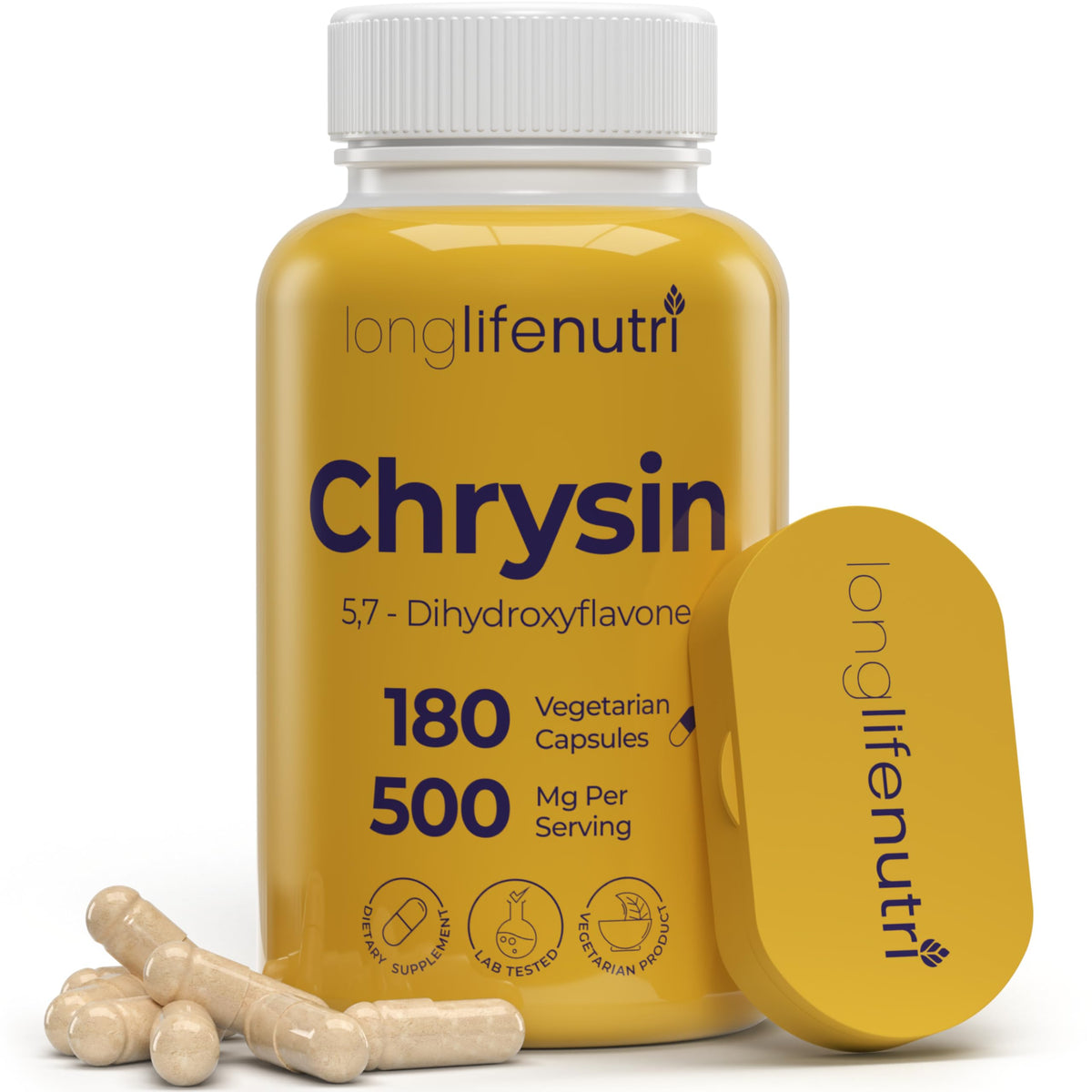 LongLifeNutri Chrysin 500mg capsules on a bottle, supporting daily wellness
