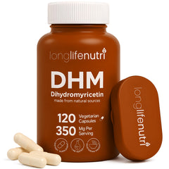 LongLifeNutri DHM bottle close-up reveals 350 mg capsules for daily balance.