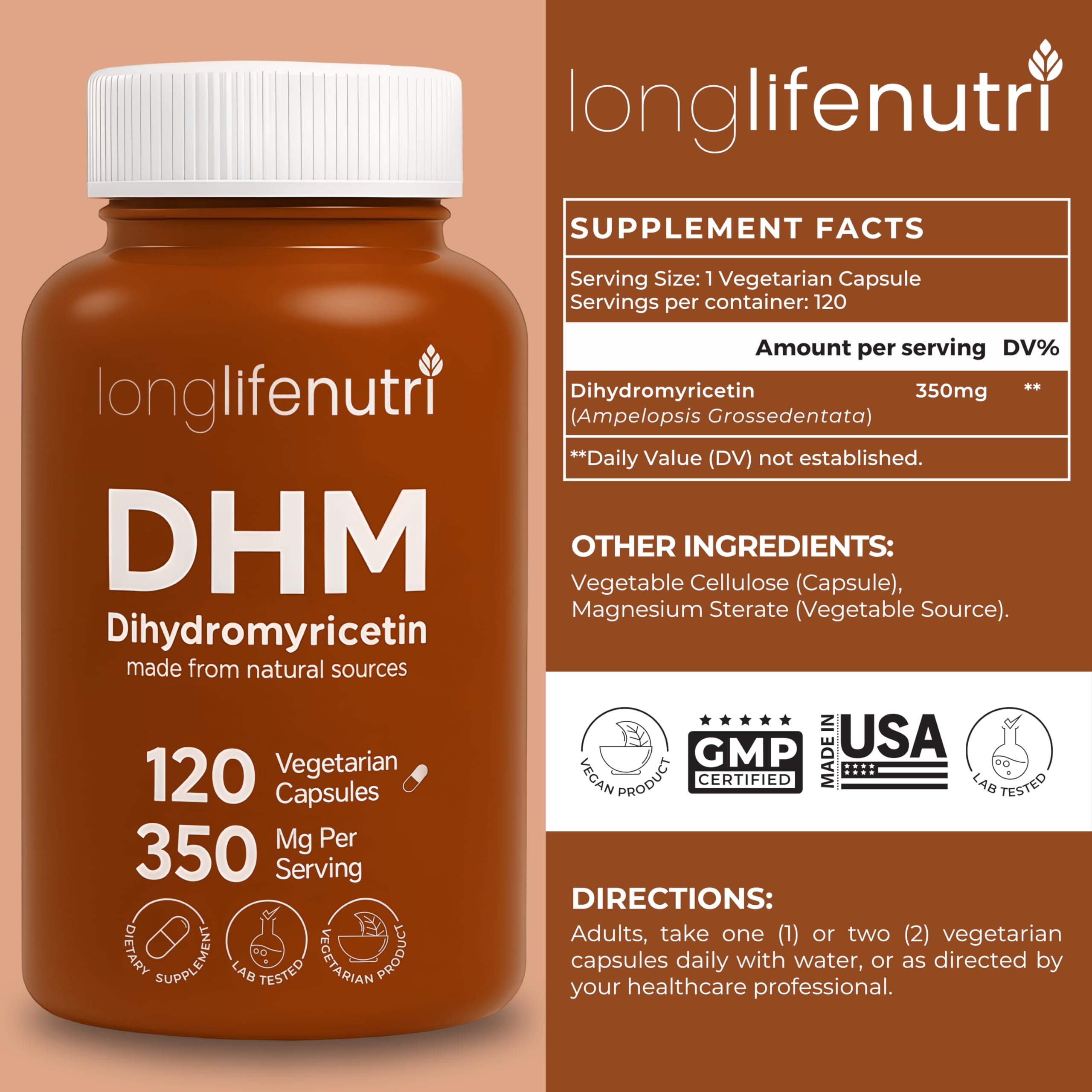 Front view of LongLifeNutri DHM bottle with 120 vegetarian capsules.