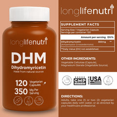 Front view of LongLifeNutri DHM bottle with 120 vegetarian capsules.