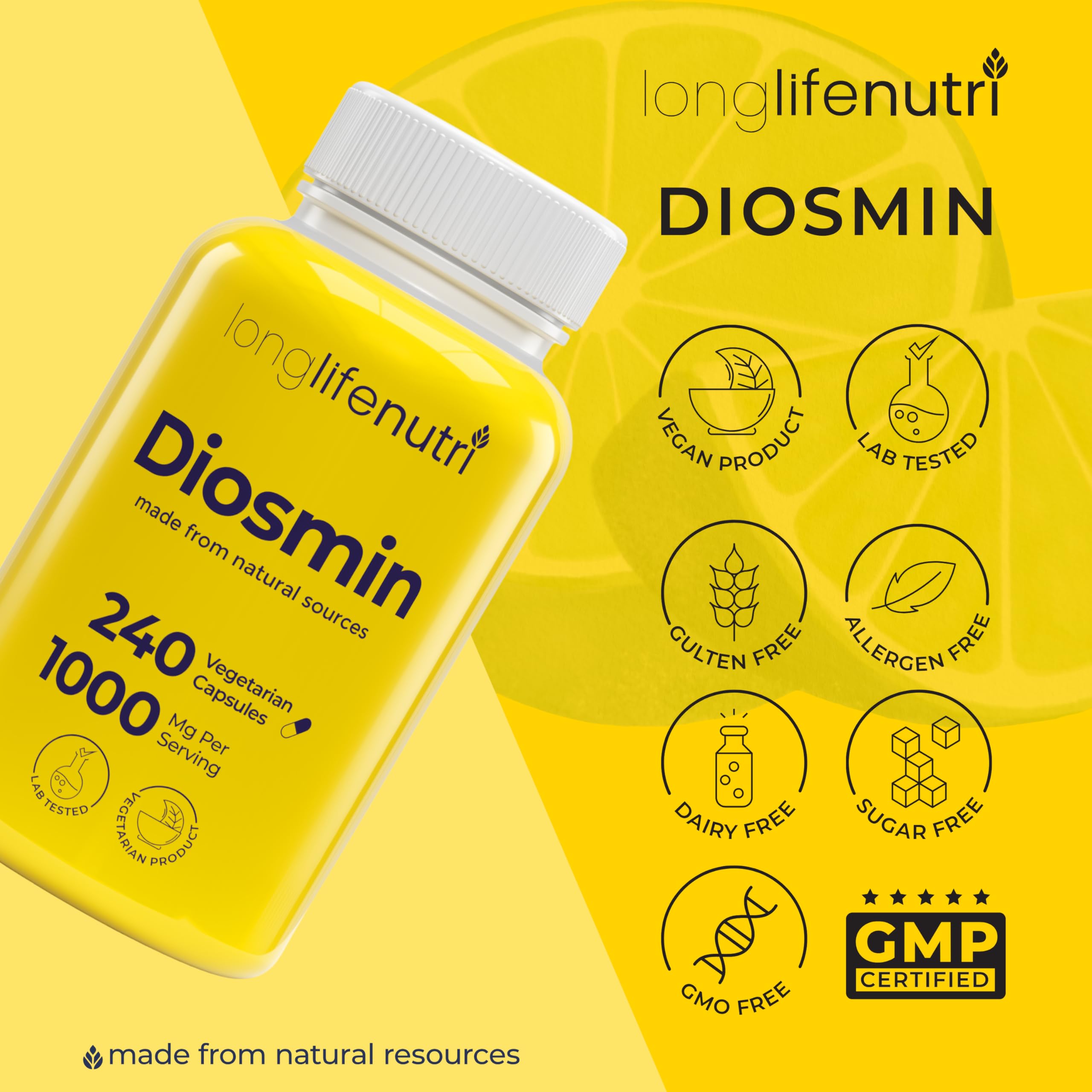 Diosmin bottle arranged in a calm wellness setting by LongLifeNutri.