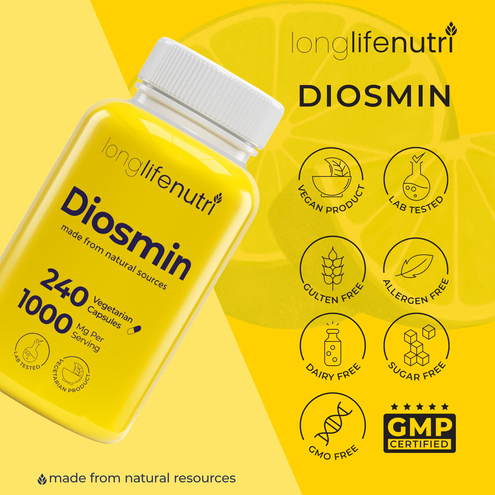 Diosmin bottle arranged in a calm wellness setting by LongLifeNutri.