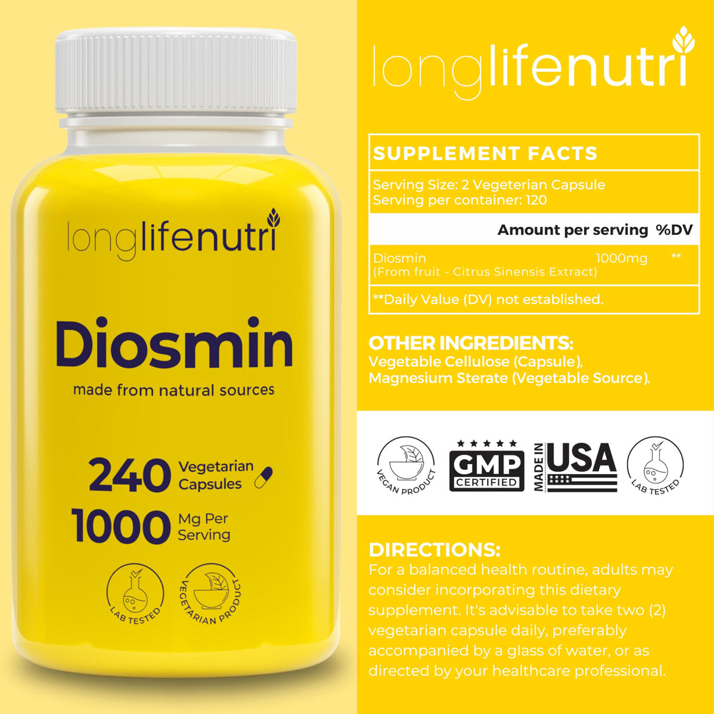 Close-up of LongLifeNutri Diosmin capsules for daily intake.