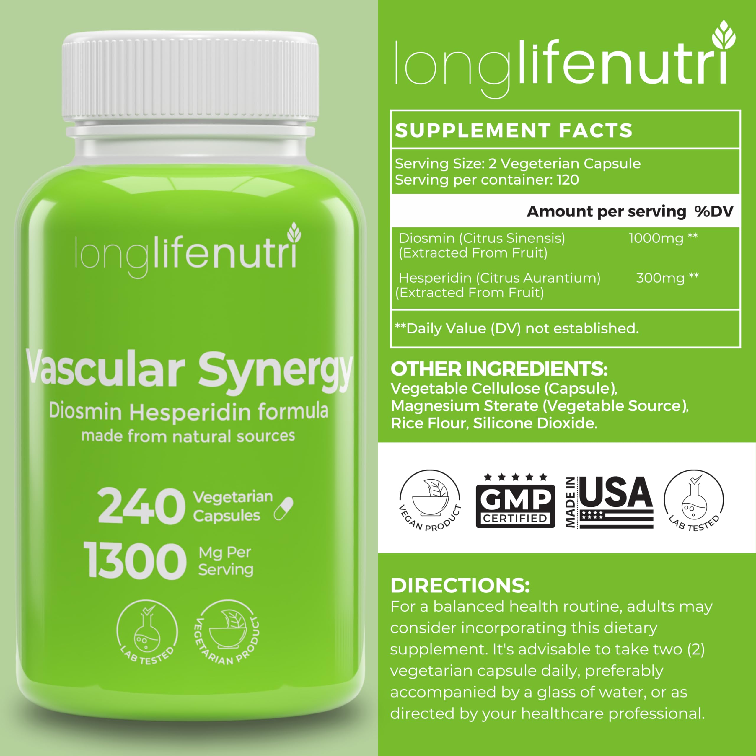 Close-up of LongLifeNutri capsules showing the dosage for daily use.