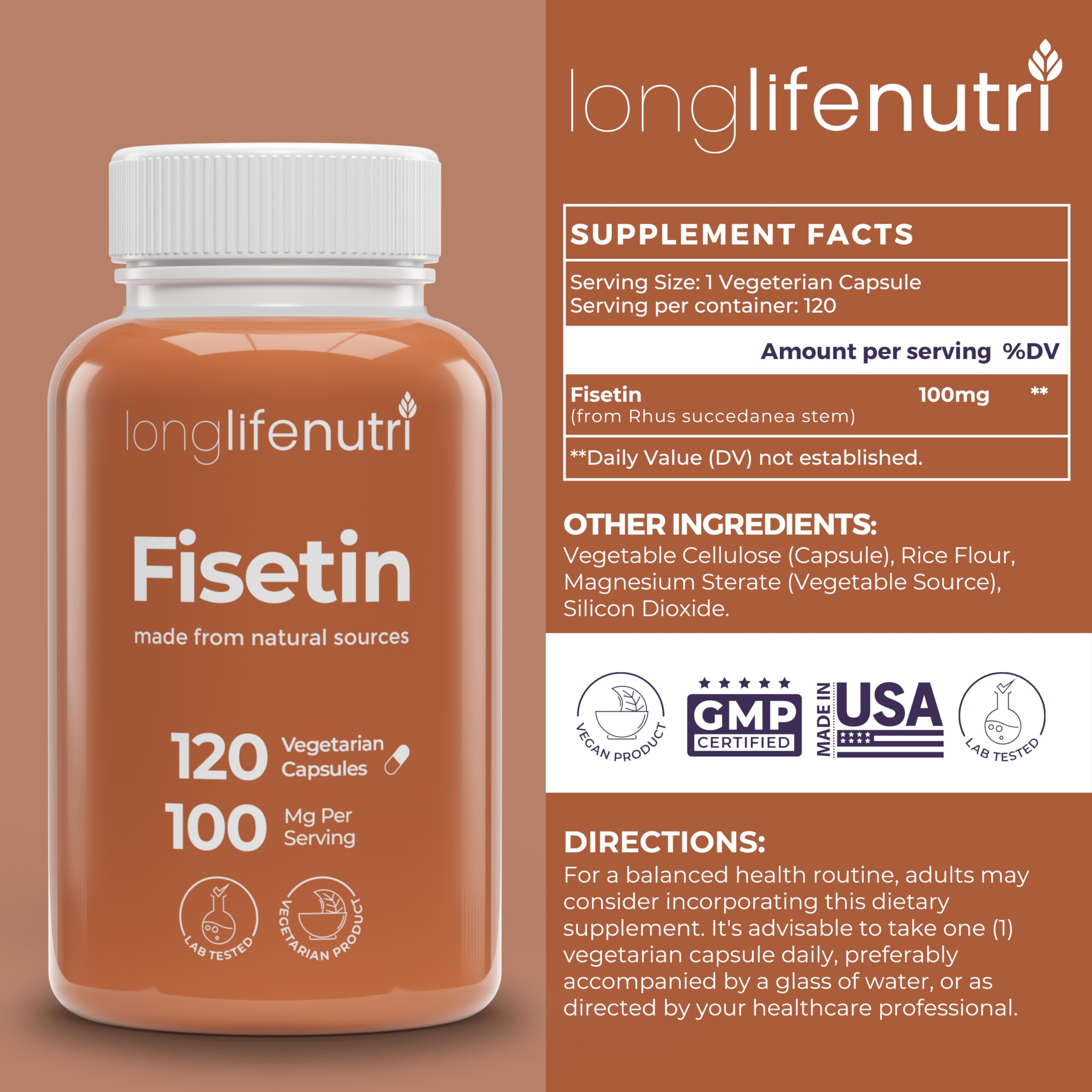 LongLifeNutri Fisetin capsules ready for everyday use.