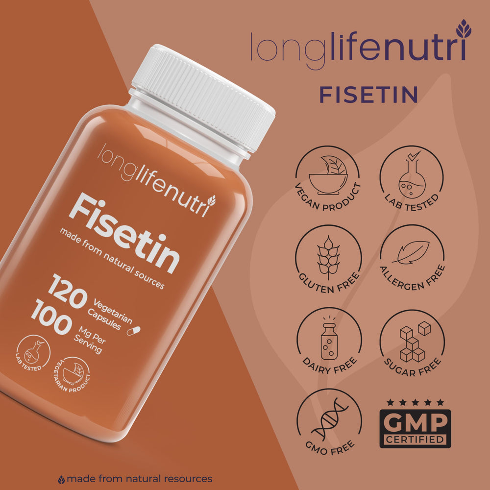 LongLifeNutri Fisetin bottle with water illustrates a simple routine.