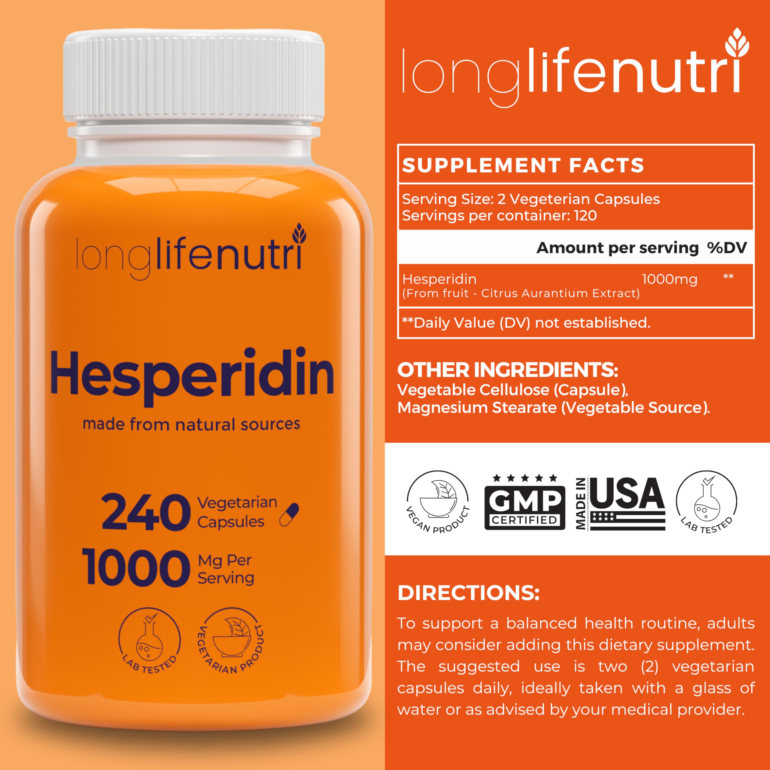 Close-up of LongLifeNutri hesperidin capsules ready for daily use.