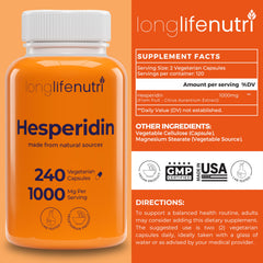 Close-up of LongLifeNutri hesperidin capsules ready for daily use.