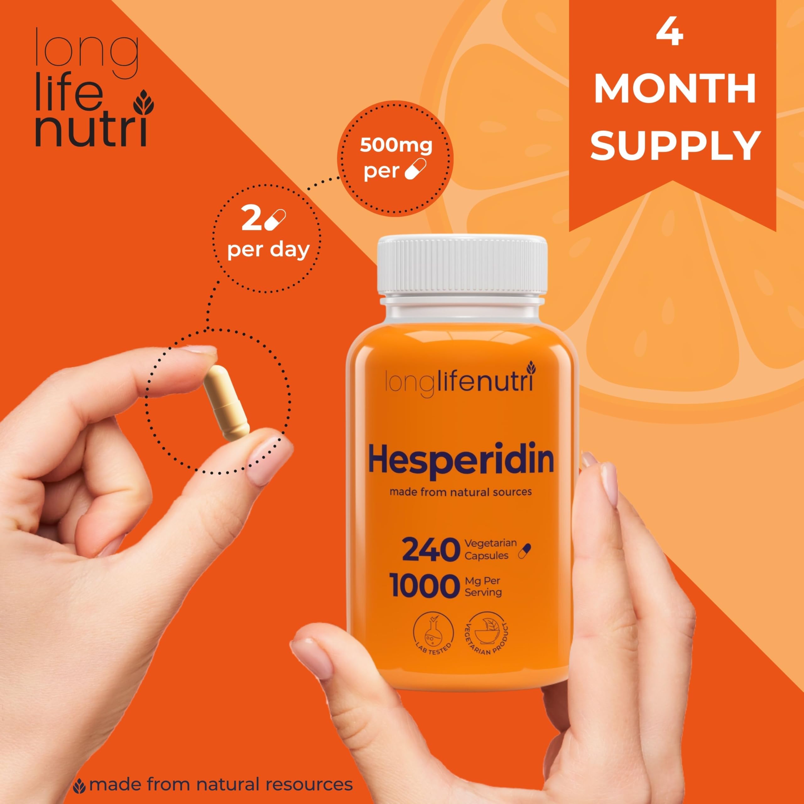 LongLifeNutri hesperidin third-party testing seal indicating purity.
