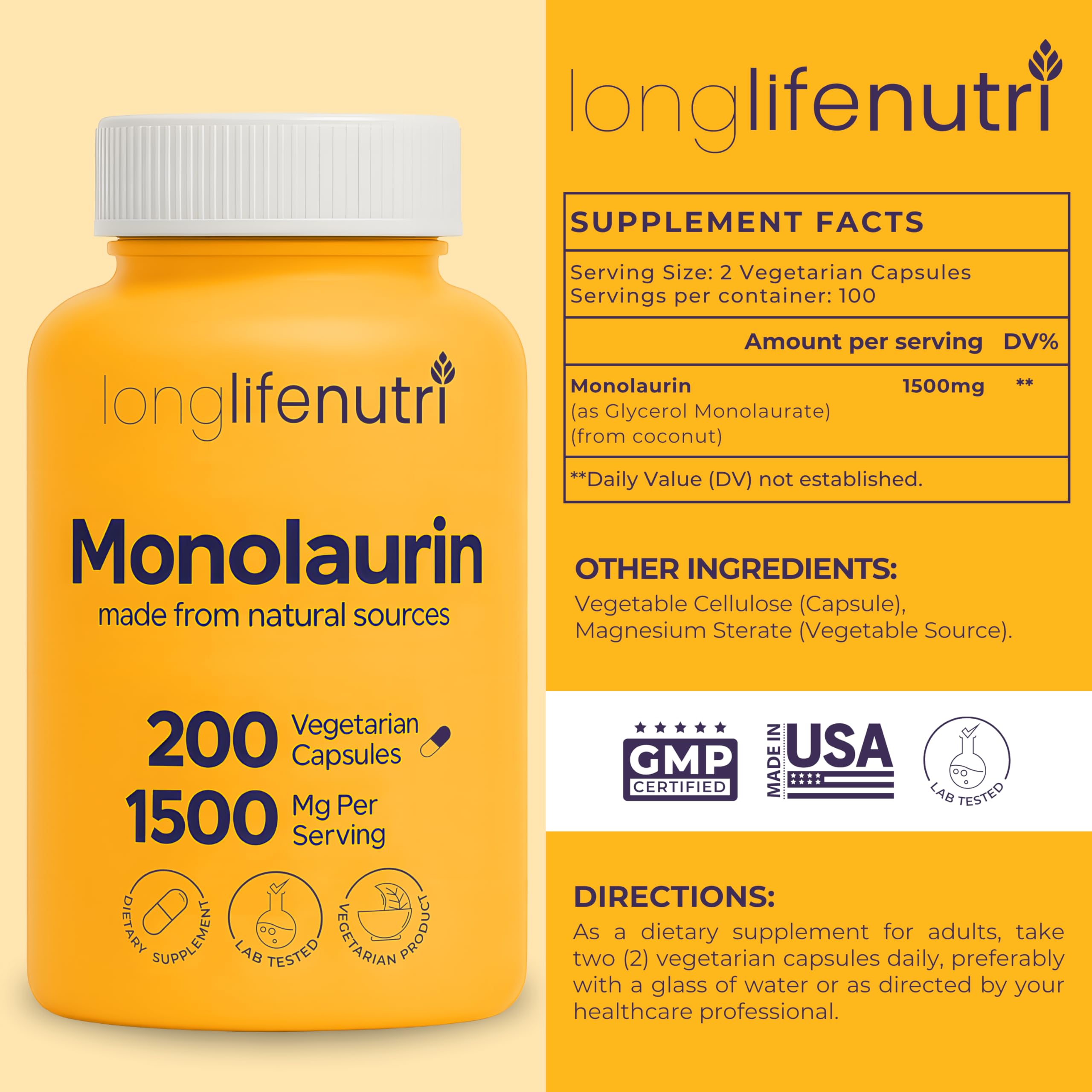 LongLifeNutri Monolaurin capsules close-up showing 1500 mg glycerol per serving