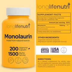 LongLifeNutri Monolaurin capsules close-up showing 1500 mg glycerol per serving