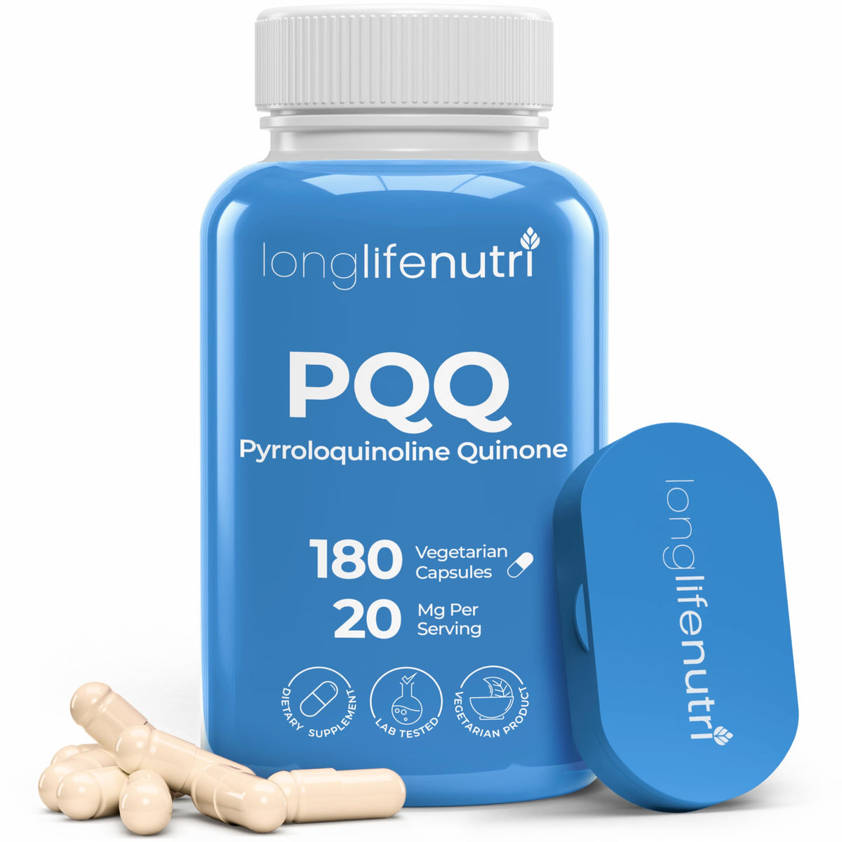 LongLifeNutri PQQ bottle front for daily energy support.