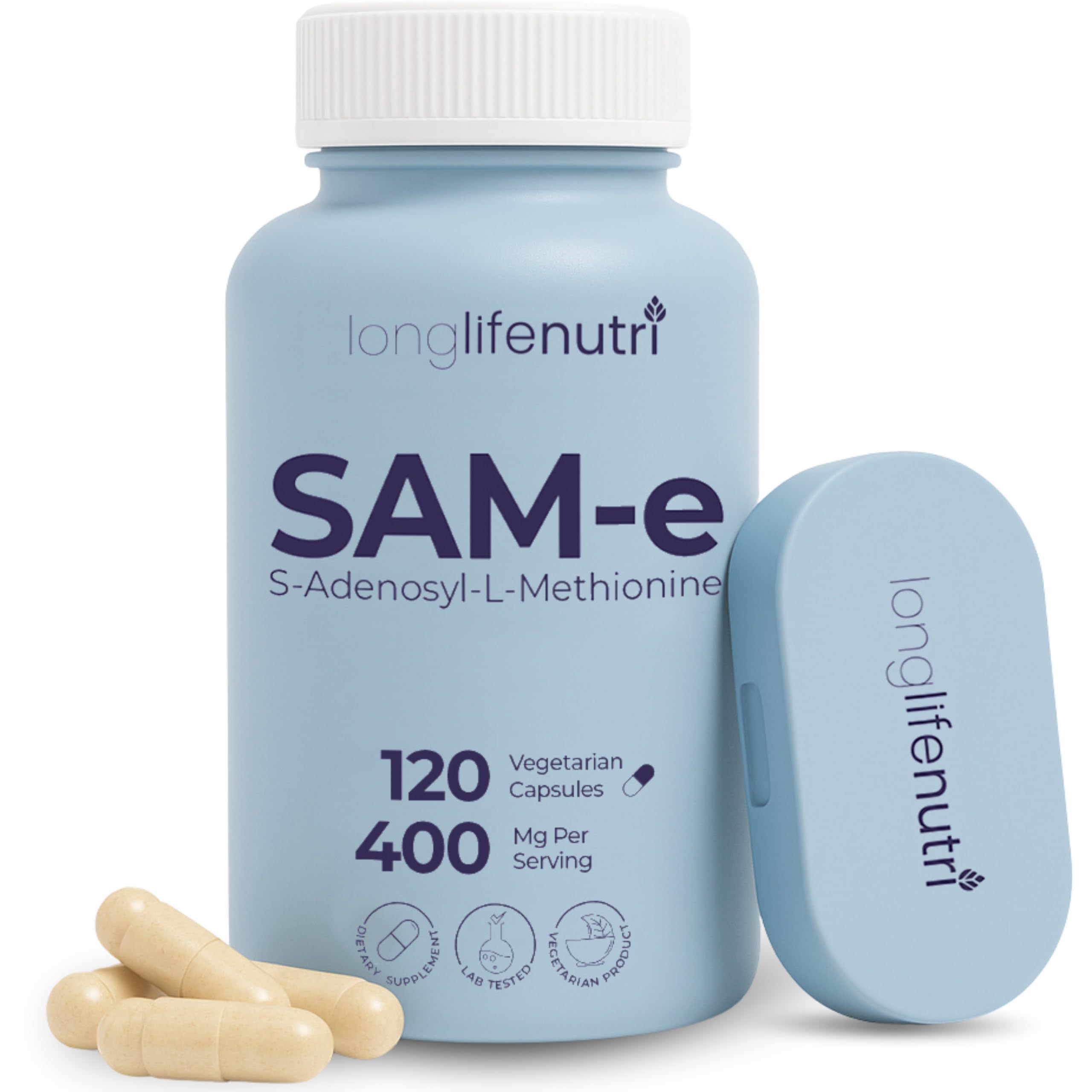 LongLifeNutri SAM-e 400mg bottle front showing the product and daily mobility focus