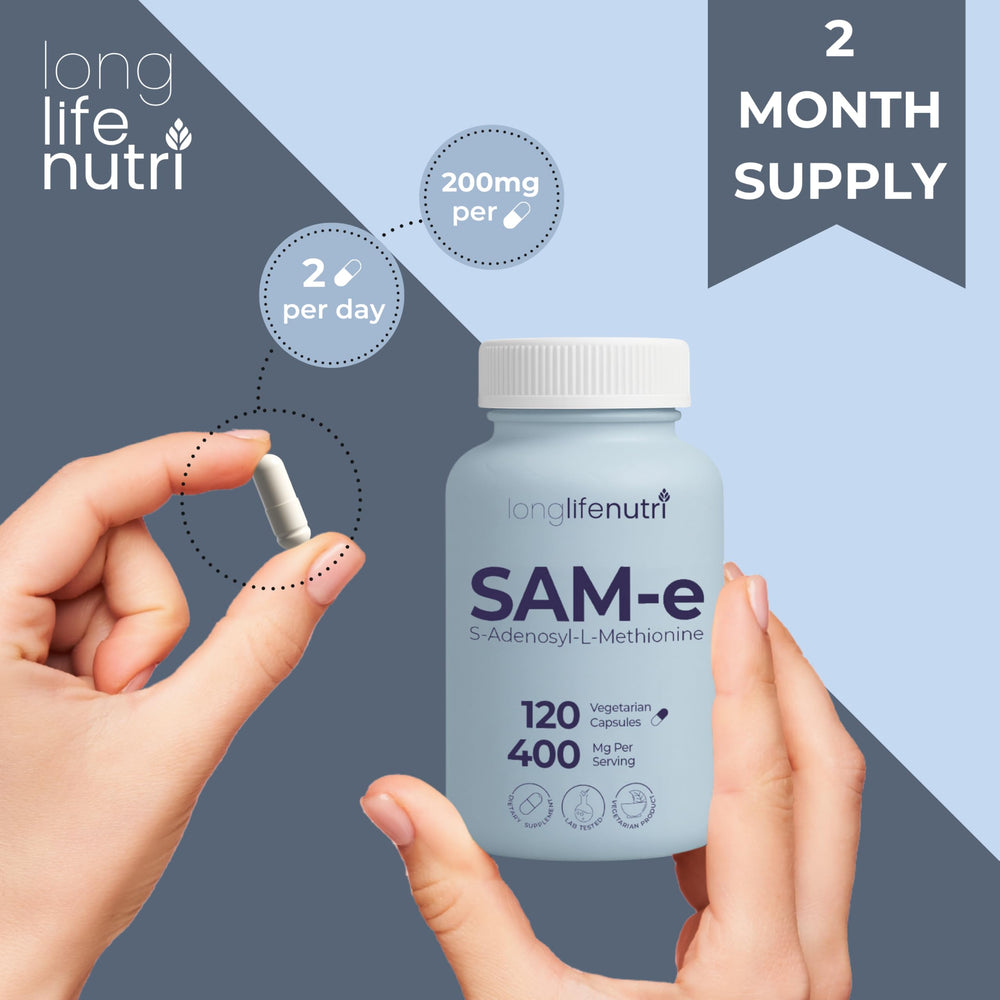 LongLifeNutri SAM-e 400mg label closeup with dosage information