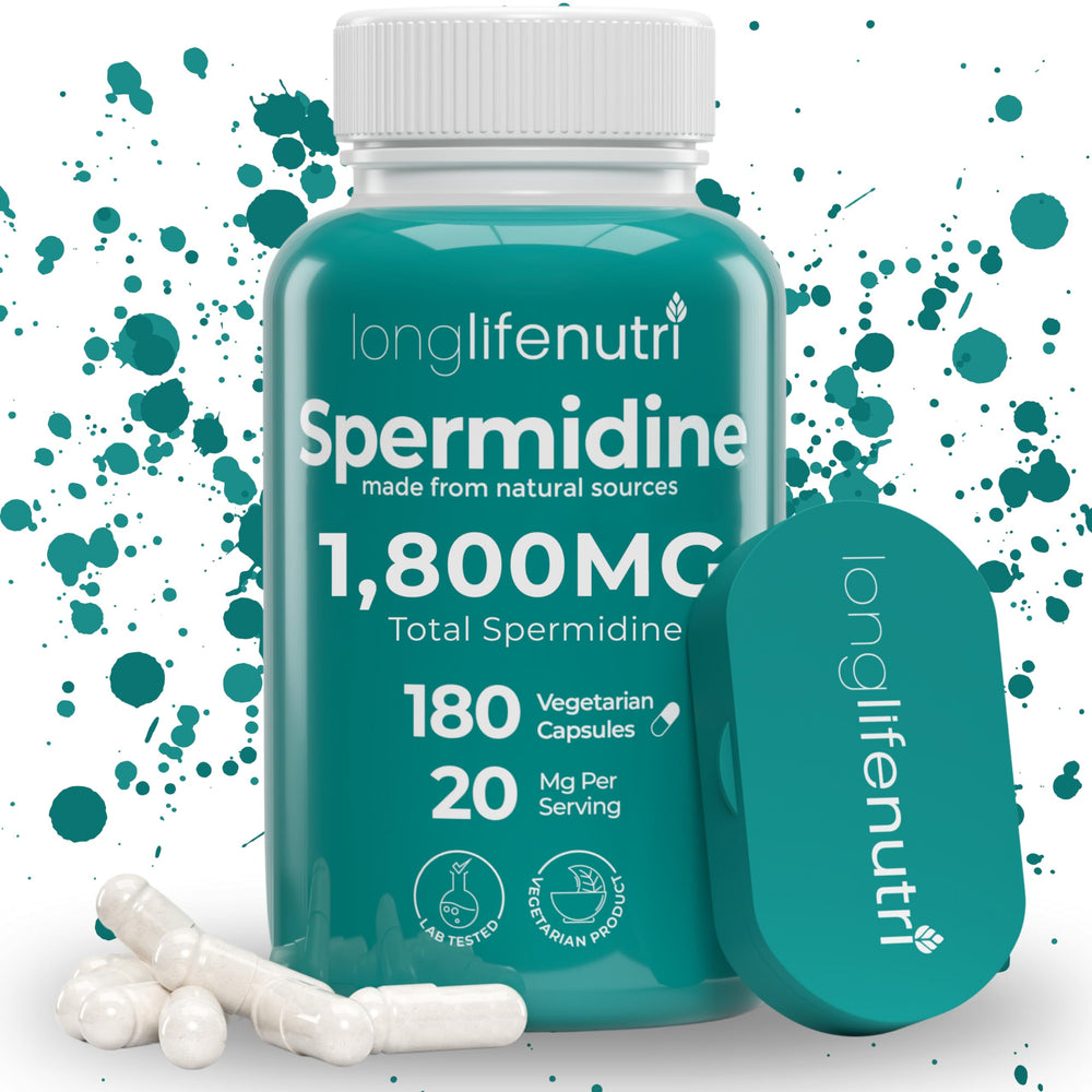 LongLifeNutri Spermidine bottle for daily wellness support in a clean, modern kitchen.