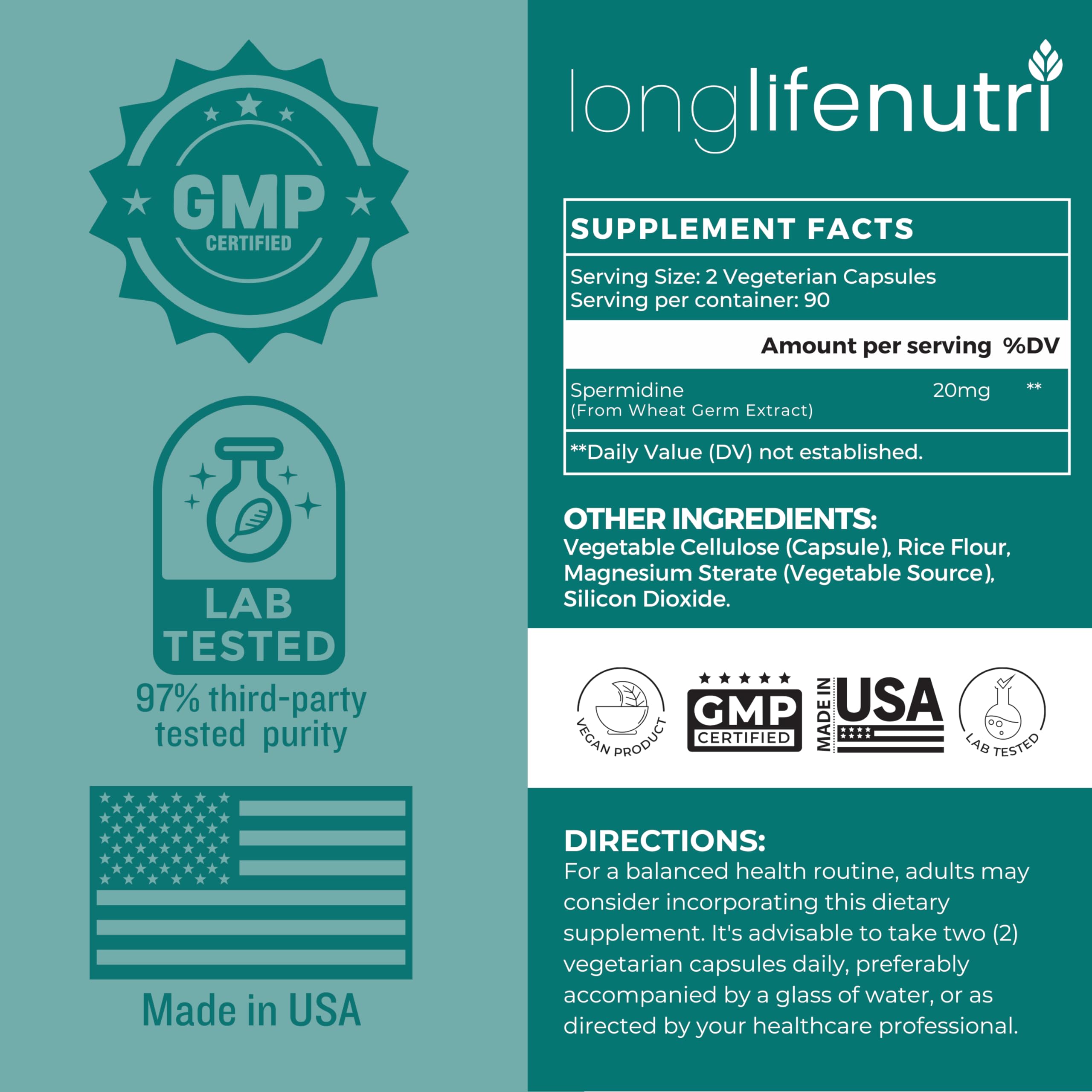 LongLifeNutri Spermidine capsules close-up indicating vegan, easy-to-swallow daily capsules.