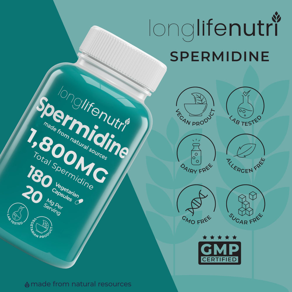 LongLifeNutri Spermidine pill organizer included beside bottle for daily routine.