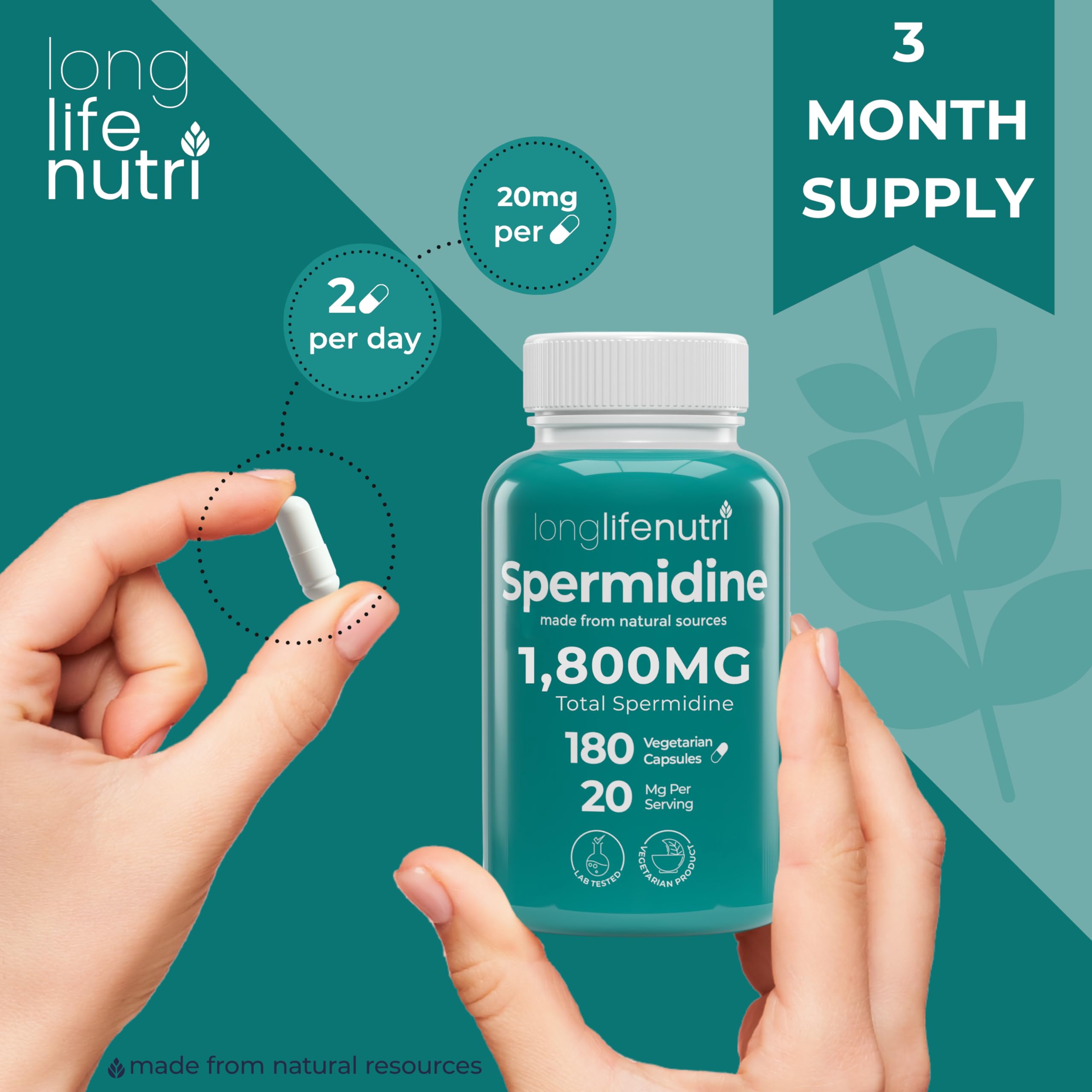 LongLifeNutri Spermidine third-party testing badge on label indicating independent quality checks.