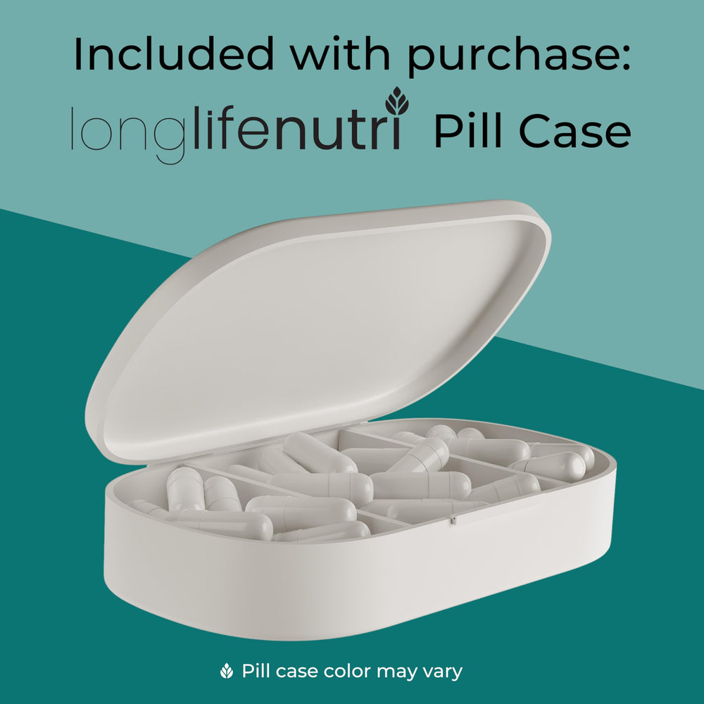 LongLifeNutri Spermidine three-month supply with 180 capsules shown alongside calendar.