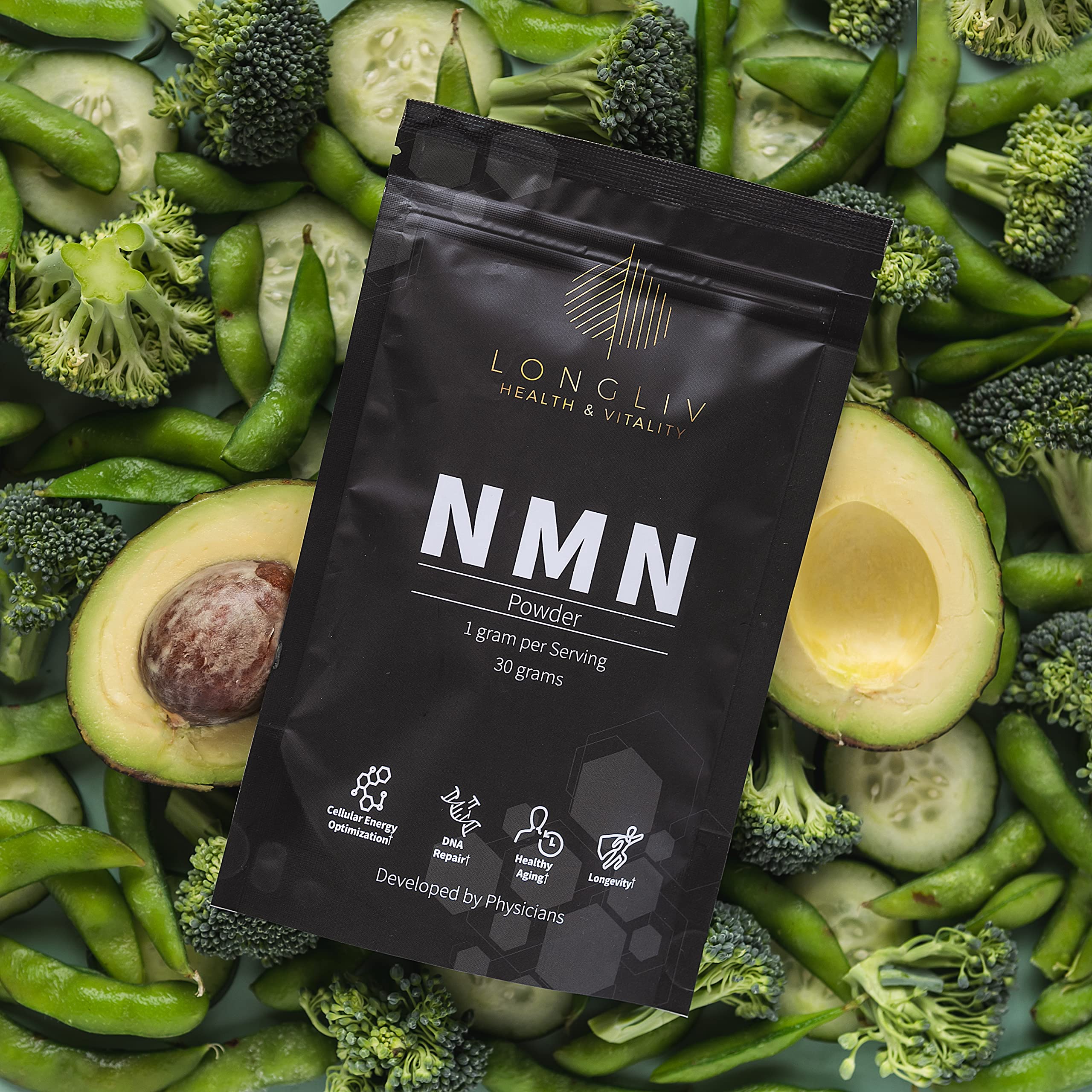 LongLiv NMN measuring spoon portioning 1000mg for customizable daily routine.