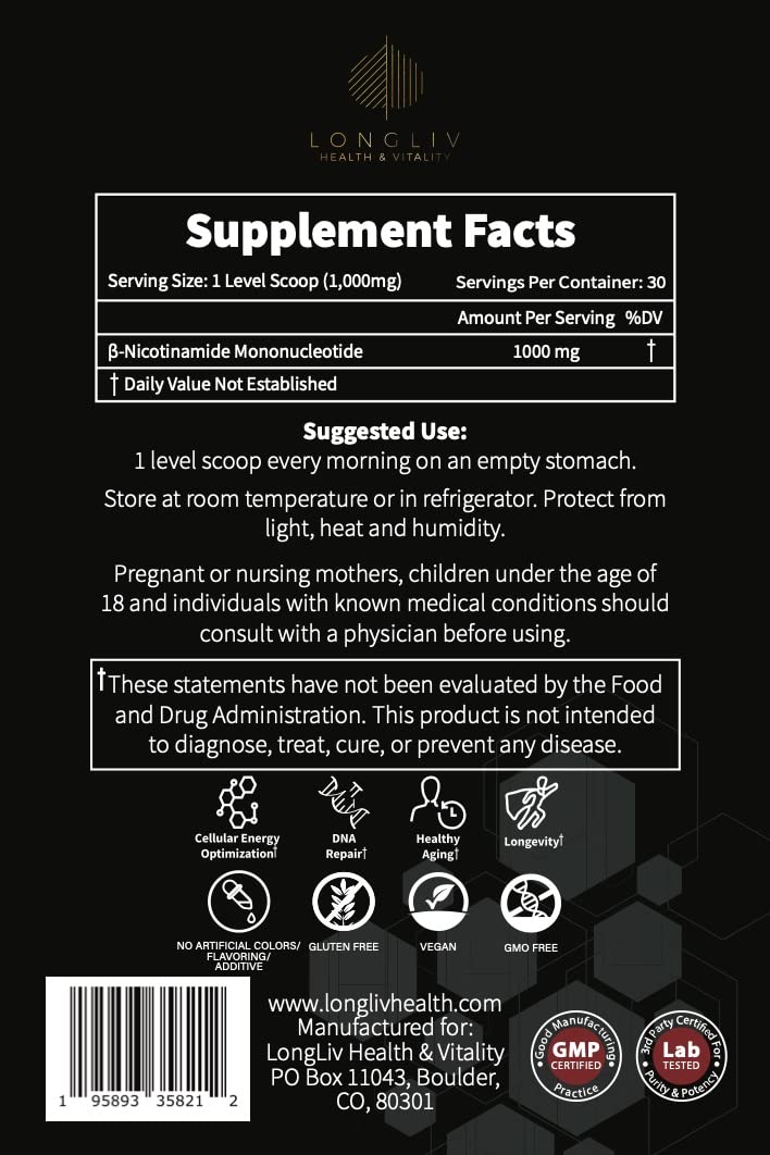 LongLiv NMN powder packaging shows vegan and non-GMO purity for dietary sensitivities.