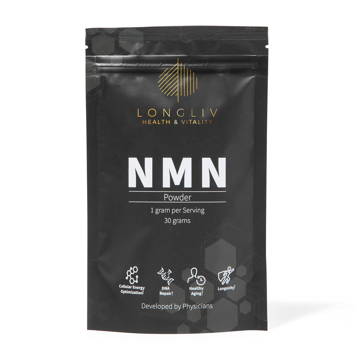 LongLiv NMN powder scoop showing accurate 1000mg serving for daily energy support.