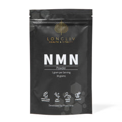 LongLiv NMN powder scoop showing accurate 1000mg serving for daily energy support.