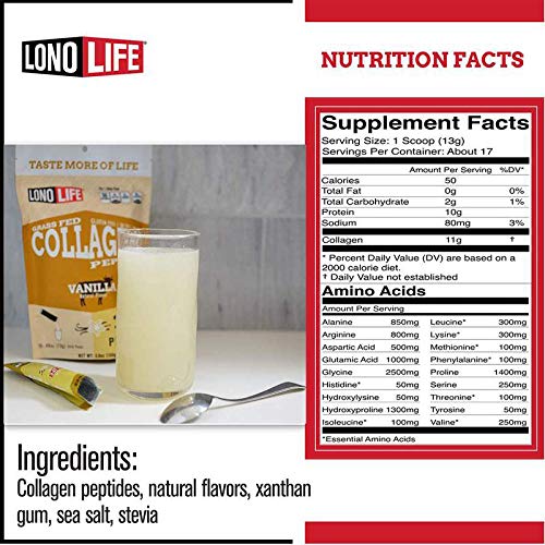 LonoLife vanilla collagen container emphasizing 19 servings for daily use