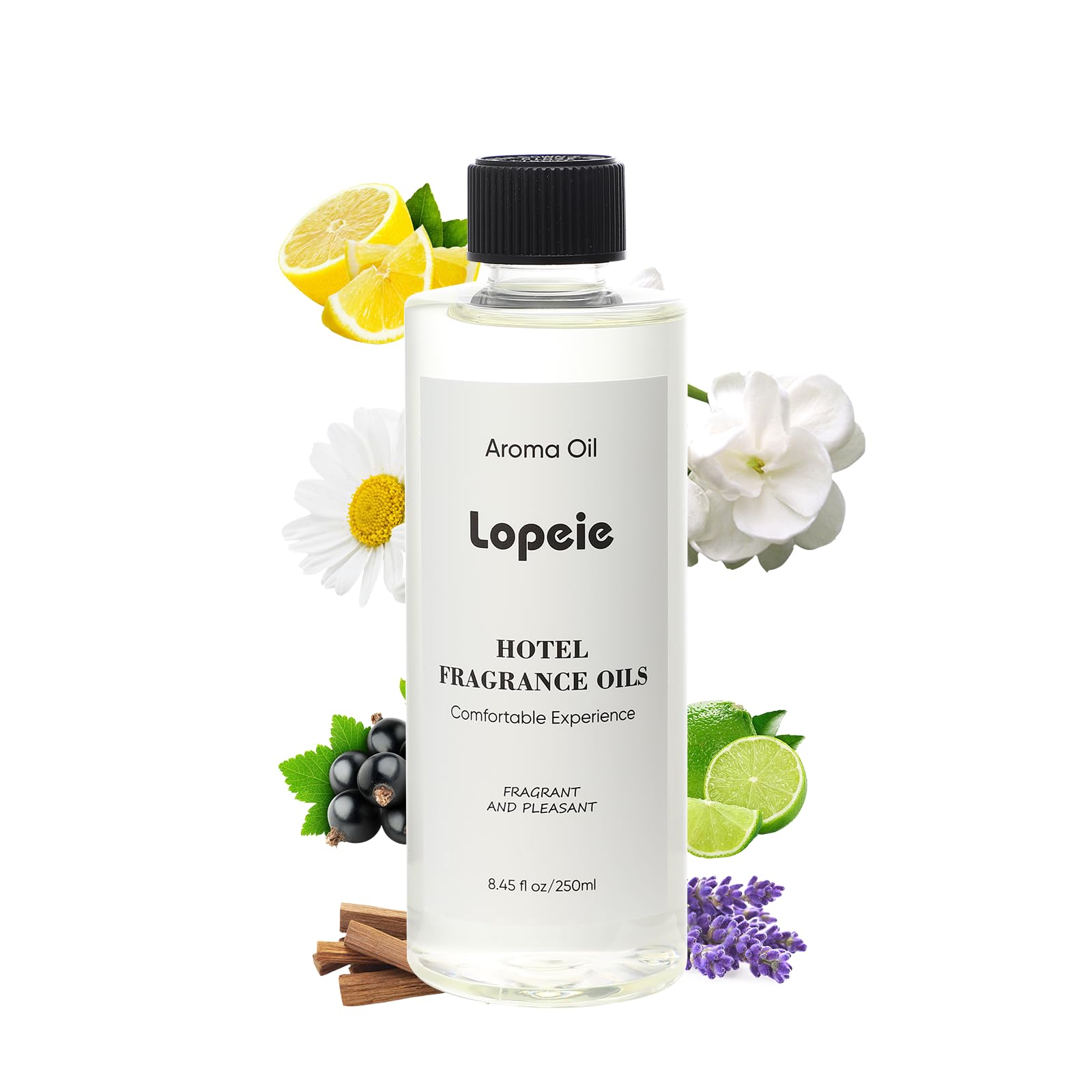 Lopeie Hotel Diffuser Oil bottle close-up showing lemon and lavender notes for calming ambience.
