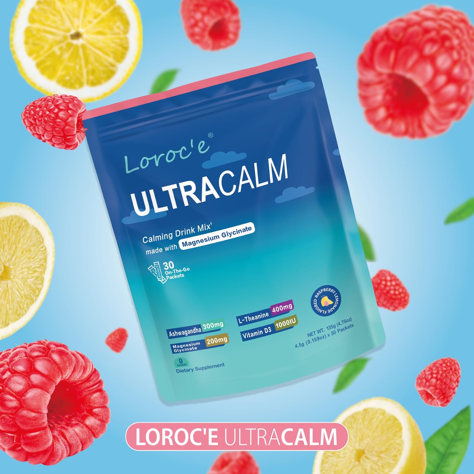 Loroc'e UltraCalm natural fruit powder texture hints at fruity flavor.