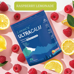 Loroc'e Ultracalm raspberry lemonade powder dissolving in water for refreshing focus