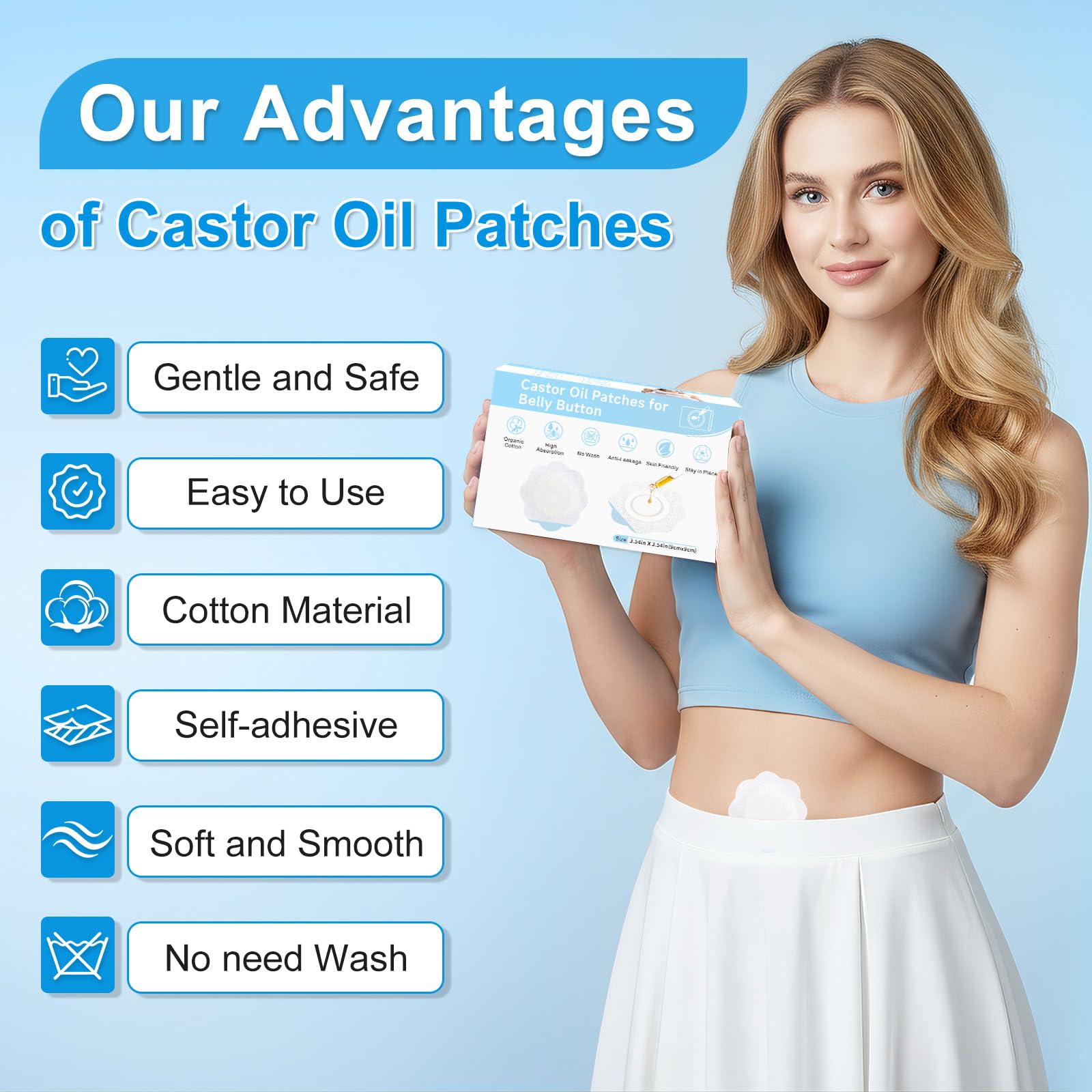 Loshuer Castor Oil Patches belly-button focus delivers targeted absorption near the navel.